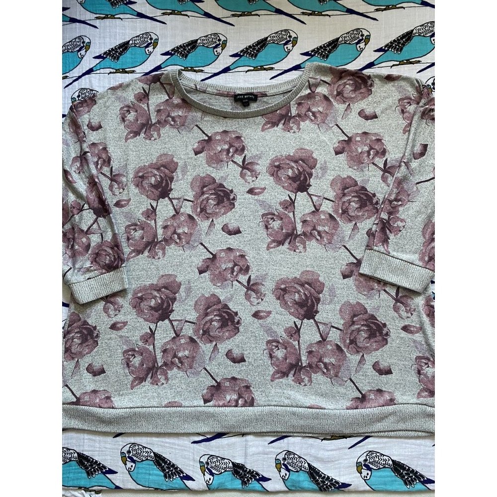 Lane Bryant Rose Sweater Crew Neck Sweater 3/4 Sleeve Gray Pink Floral Sz 22/24